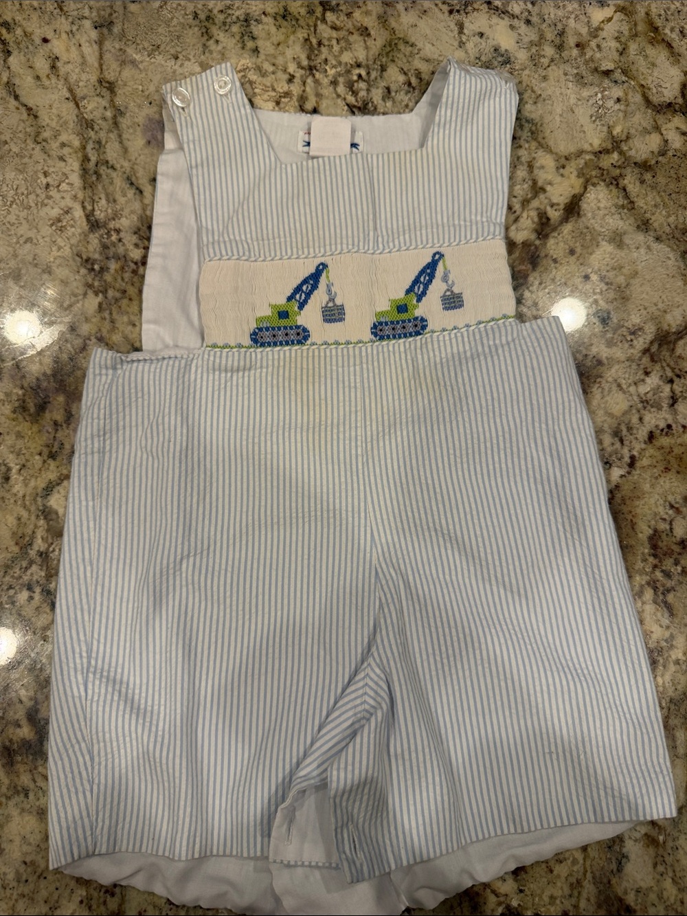 Smocked Seersucker Shortall with Crane Smocking - Blue & White